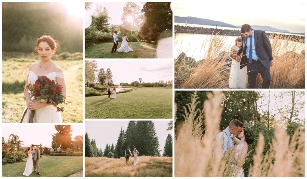 Premier snohomish & seattle wedding photographer | gsquared weddings photography a collage of snohomish outdoor wedding photos features a bride in an off shoulder dress holding a bouquet scenic landscapes and romantic moments between the bride and groom in grassy fields and sunlit gardens near seattle | serving snohomish seattle                   & beyond
