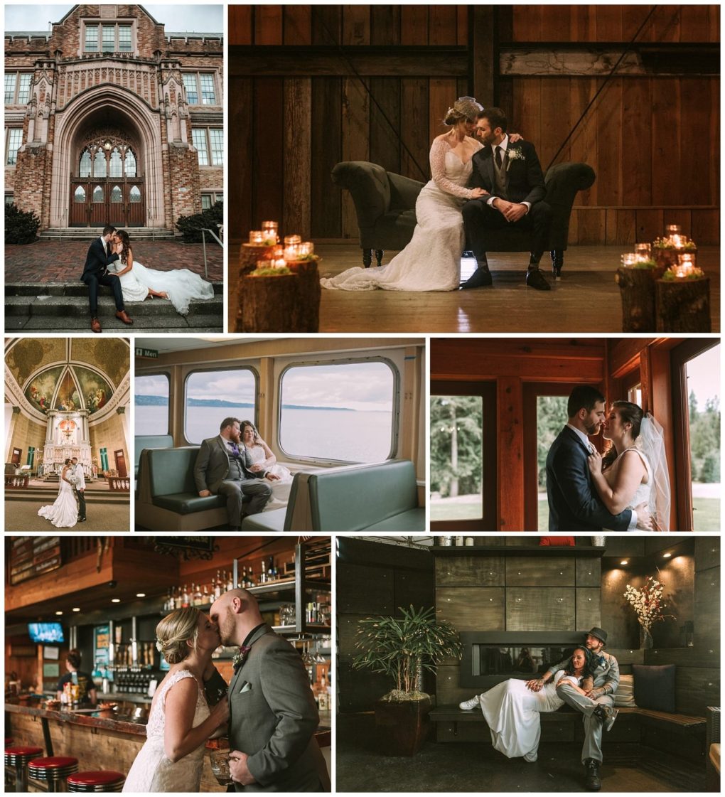 Premier snohomish & seattle wedding photographer | gsquared weddings photography a collage of snohomish and seattle wedding photos featuring a bride and groom in romantic settingsindoors on couches at a bar in a church by a brick building and sitting by large windows on a boatperfect engagement inspiration | serving snohomish seattle                   & beyond