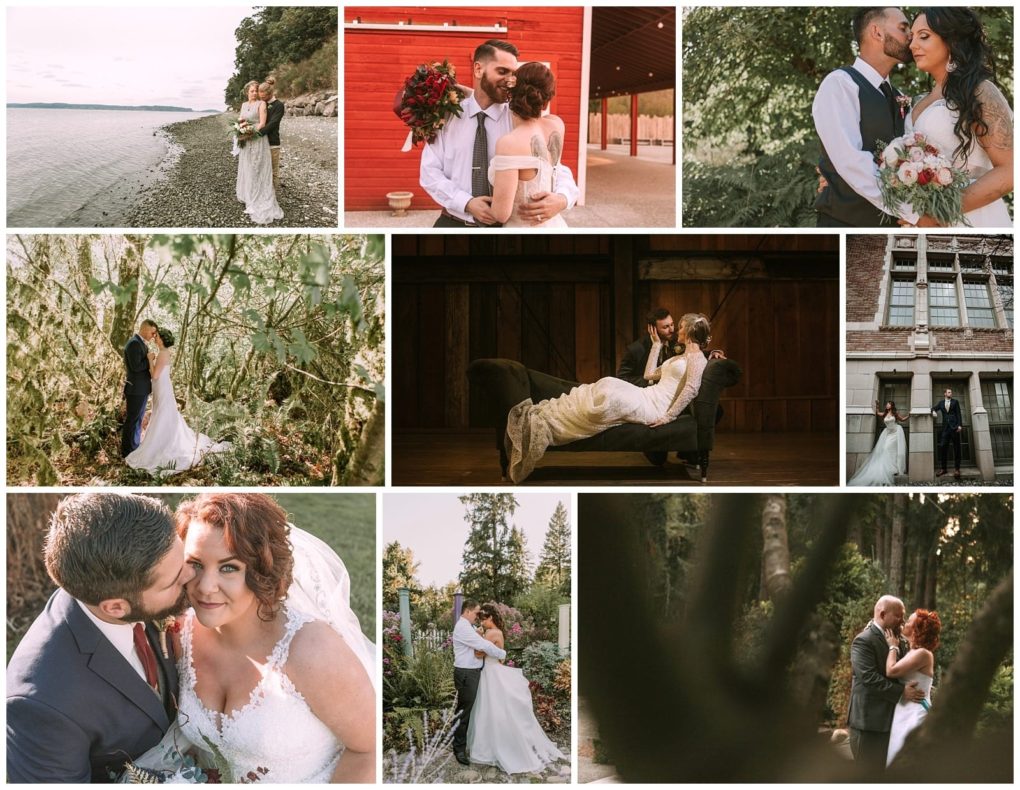 Premier snohomish & seattle wedding photographer | gsquared weddings photography a collage of snohomish and seattle wedding photos shows a couple in various outdoor and indoor locations embracing kissing and posing together in their wedding attire surrounded by natural scenery and architectural backdrops | serving snohomish seattle                   & beyond