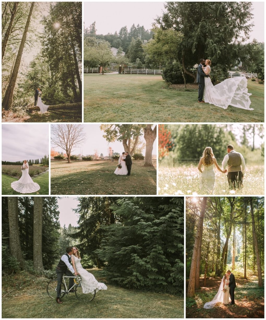 Premier snohomish & seattle wedding photographer | gsquared weddings photography a collage of snohomish outdoor wedding photos shows a bride and groom in romantic posesdancing embracing and riding a bicycle togethersurrounded by trees grass and sunlight for the perfect seattle engagement session in nature | serving snohomish seattle                   & beyond