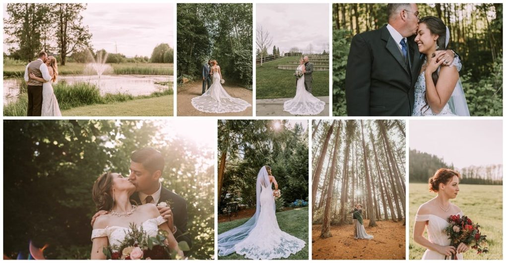 Premier snohomish & seattle wedding photographer | gsquared weddings photography a collage of snohomish wedding photos shows a bride and groom embracing the bride posing alone in her dress sharing a moment with an older man and the couple surrounded by lush seattle greenery | serving snohomish seattle                   & beyond