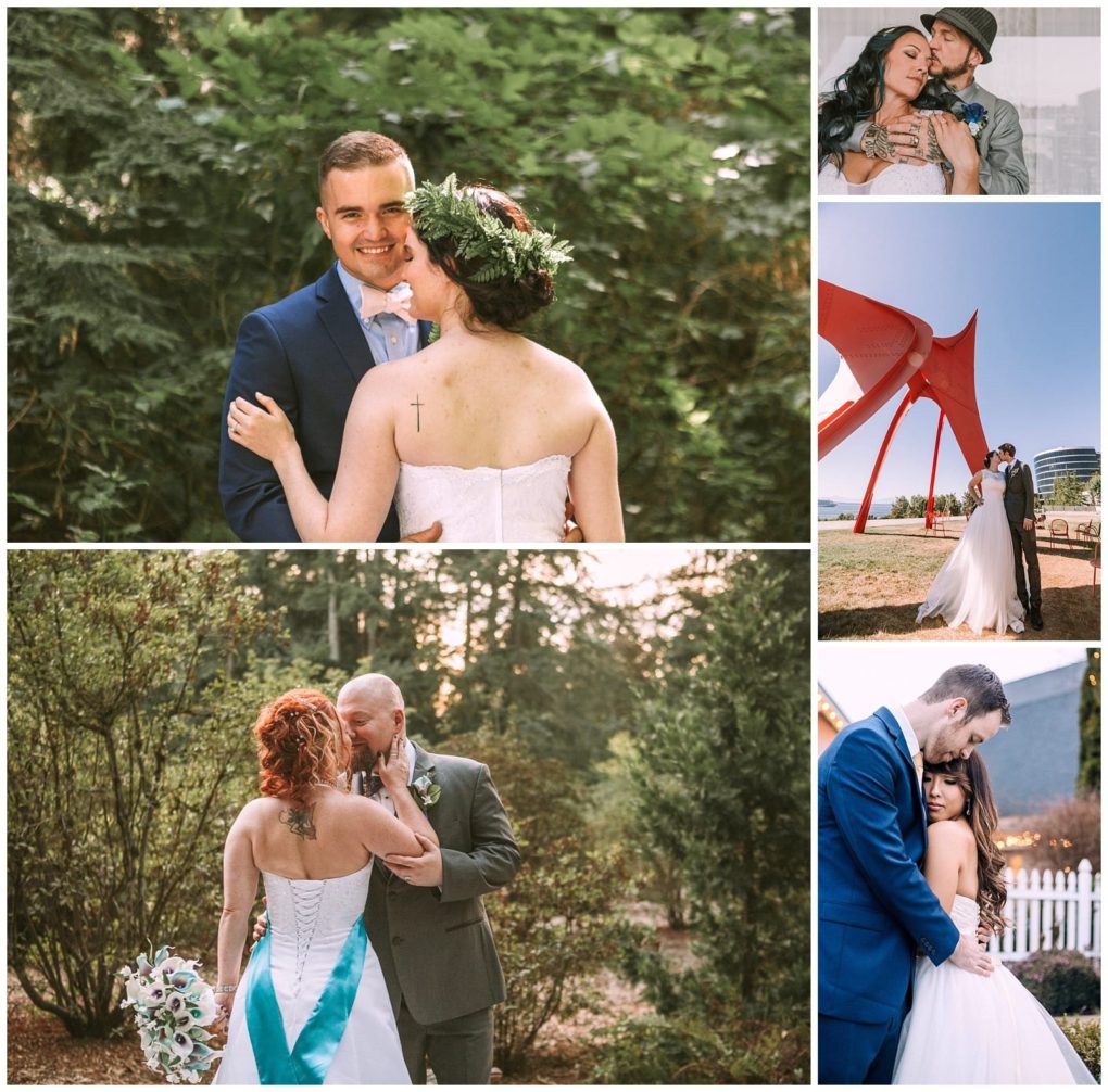 Premier snohomish & seattle wedding photographer | gsquared weddings photography a collage of five snohomish wedding photos features couples in various outdoor settings including close embraces a red sculpture and a garden with trees all dressed in elegant wedding attire | serving snohomish seattle                   & beyond