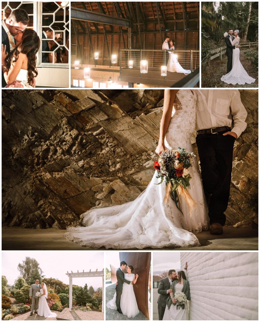 Premier snohomish & seattle wedding photographer | gsquared weddings photography a collage of snohomish and seattle wedding photos featuring a bride and groom in various romantic outdoor and rustic indoor settings sharing intimate moments and posing together in wedding attire Perfect for celebrating your engagement | serving snohomish seattle                   & beyond