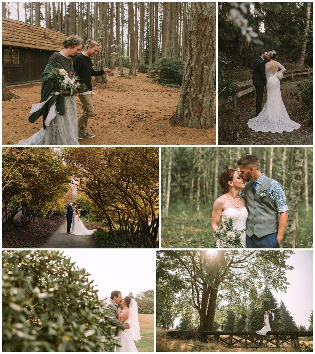 Premier snohomish & seattle wedding photographer | gsquared weddings photography a collage of six outdoor snohomish wedding photos shows couples in various natural settings including forests and gardens posing embracing and walking together surrounded by trees and greenery | serving snohomish seattle                   & beyond