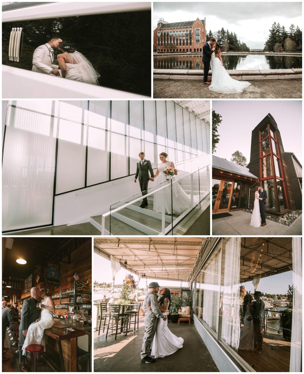 Premier snohomish & seattle wedding photographer | gsquared weddings photography a collage of snohomish and seattle wedding photos shows a bride and groom in various settingsby water inside modern venues at a bar and dancing on a patiocapturing both celebratory and intimate engagement moments | serving snohomish seattle                   & beyond