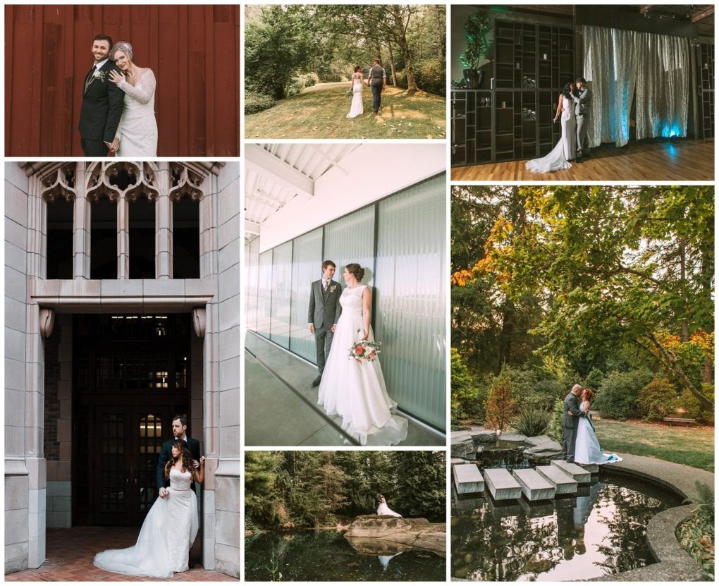 Premier snohomish & seattle wedding photographer | gsquared weddings photography a collage of snohomish and seattle wedding photos featuring a bride and groom posing outdoors in gardens by water near a building dancing indoors and walking together in their wedding attire Perfect for engagement inspiration | serving snohomish seattle                   & beyond