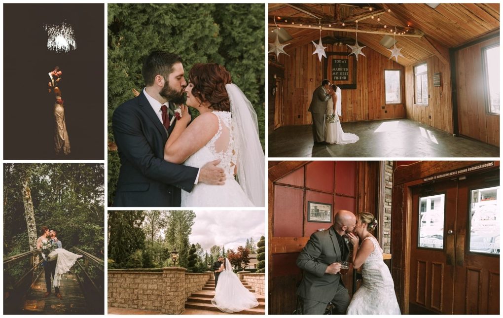 Premier snohomish & seattle wedding photographer | gsquared weddings photography a collage of six snohomish and seattle wedding photos featuring a bride and groom embracing outdoors dancing indoors kissing and posing on a bridge stone steps and inside wooden rustic buildingsperfect engagement inspiration | serving snohomish seattle                   & beyond