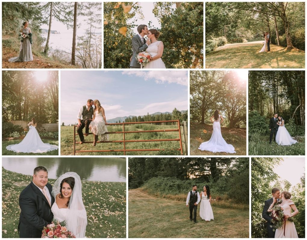Premier snohomish & seattle wedding photographer | gsquared weddings photography a collage of snohomish outdoor wedding photos featuring a bride in a white dress and a groom in a suit posing together in various scenic nature filled locations with trees grass and sunlight near seattle | serving snohomish seattle                   & beyond