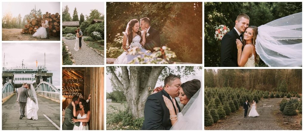 Premier snohomish & seattle wedding photographer | gsquared weddings photography a collage of outdoor wedding photos featuring a bride and groom in snohomish and seattle sharing romantic and joyful moments together in a forest tree farm on a dock by a ferry and along garden paths Perfect for wedding or engagement inspiration | serving snohomish seattle                   & beyond