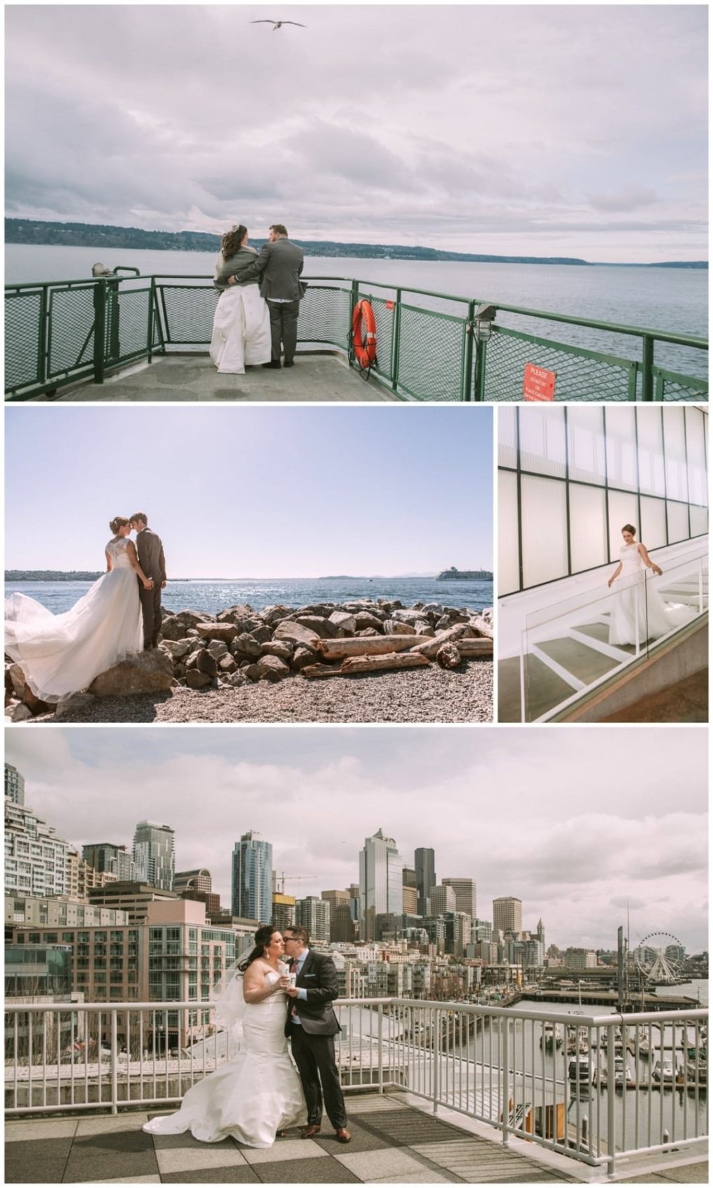 Premier snohomish & seattle wedding photographer | gsquared weddings photography four snohomish wedding photos a couple stands on a pier overlooking water kisses by a rocky shore the bride walks alone indoors and they dance on a rooftop with a seattle skyline in the background | serving snohomish seattle                   & beyond