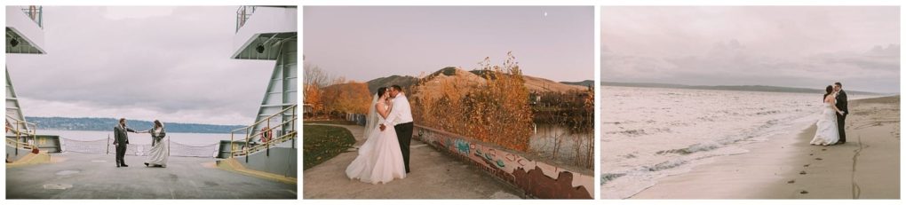 Premier snohomish & seattle wedding photographer | gsquared weddings photography three wedding photos a snohomish couple holding hands on a ferry deck embracing near a mural wall with autumn hills behind them and kissing on a sandy beach by the ocean under a cloudy seattle sky | serving snohomish seattle                   & beyond