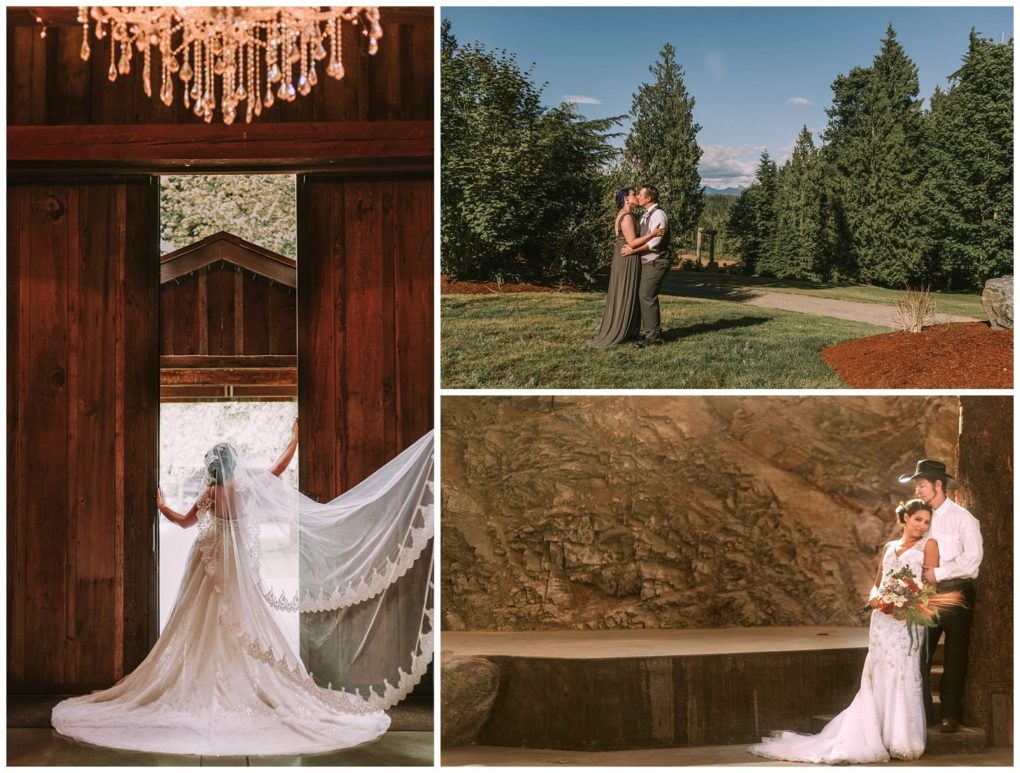 Premier snohomish & seattle wedding photographer | gsquared weddings photography a collage of three wedding photos a bride in a lace gown standing in a barn doorway at a snohomish venue a couple embracing on a green lawn and another posing against rocky seattle backdrops the bride holding her bouquet | serving snohomish seattle                   & beyond