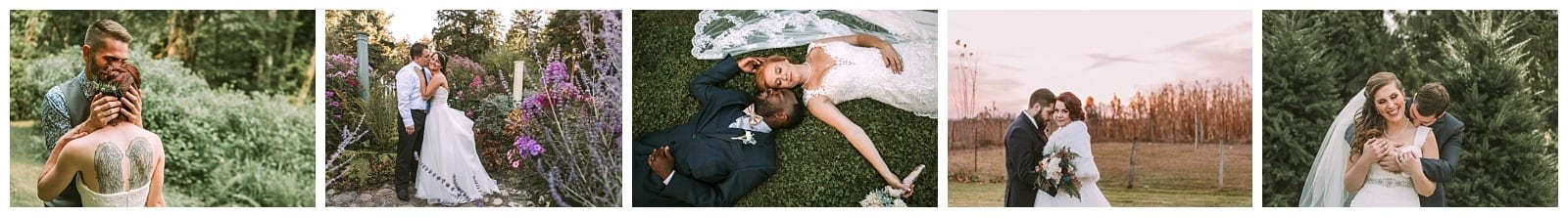 Premier Snohomish & Seattle Wedding Photographer | GSquared Weddings Photography A collage of five Snohomish wedding photos showing a bride and groom embracing, posing in gardens and outdoors, lying on grass, and sharing loving moments on their special day near Seattle.                                   | Serving Snohomish, Seattle ,                  & Beyond