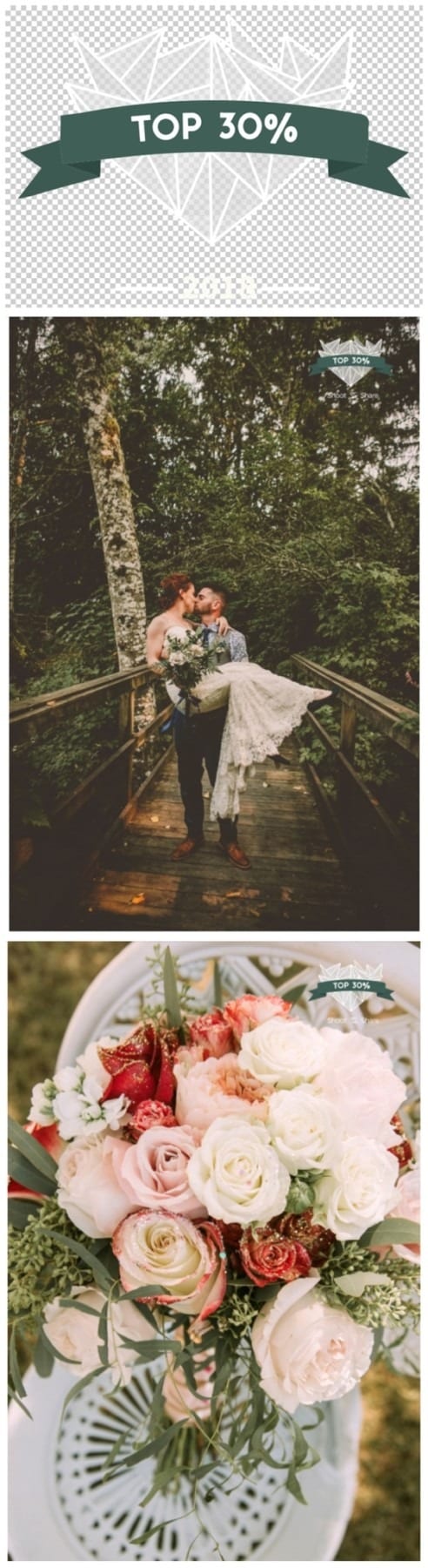 Premier snohomish & seattle wedding photographer | gsquared weddings photography a top 30 badge with a geometric background followed by a photo of a groom carrying a bride on a forest bridge near snohomish and a close up of a wedding bouquet with white and pink rosesperfect for seattle wedding engagement inspiration | serving snohomish seattle                   & beyond