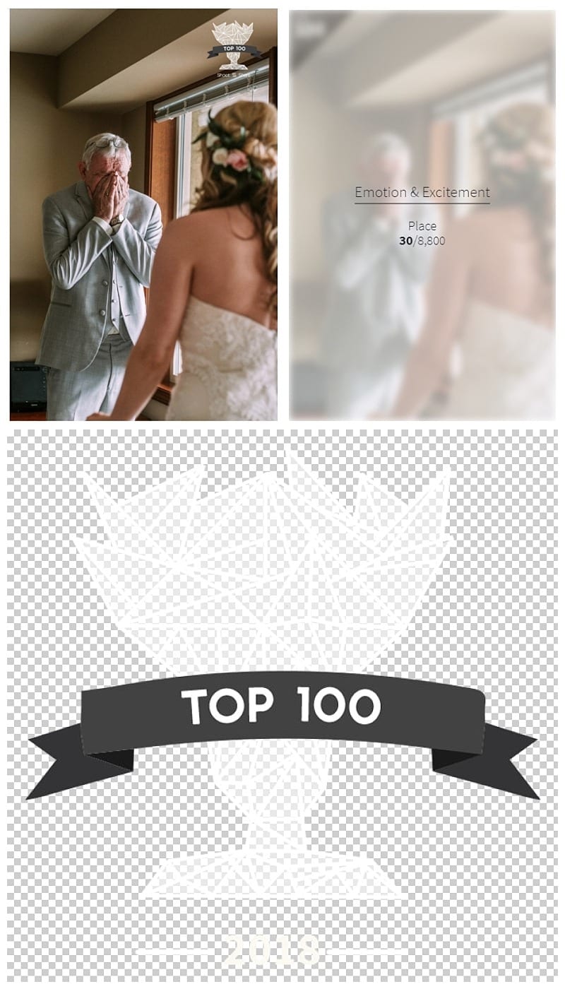 Premier snohomish & seattle wedding photographer | gsquared weddings photography a man in a suit wipes tears from his eyes as he sees a bride in a strapless dress at a snohomish seattle wedding Overlay text reads emotion & excitement place 308800 with a top 100 badge below | serving snohomish seattle                   & beyond