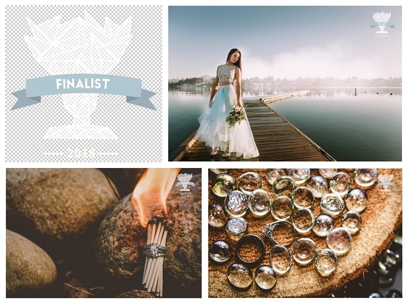Premier snohomish & seattle wedding photographer | gsquared weddings photography a collage with a finalist trophy graphic a bride standing on a dock by a snohomish lake wedding rings burning on matches by rocks and several wedding rings displayed on a wooden surfaceperfect for seattle wedding and engagement inspiration | serving snohomish seattle                   & beyond