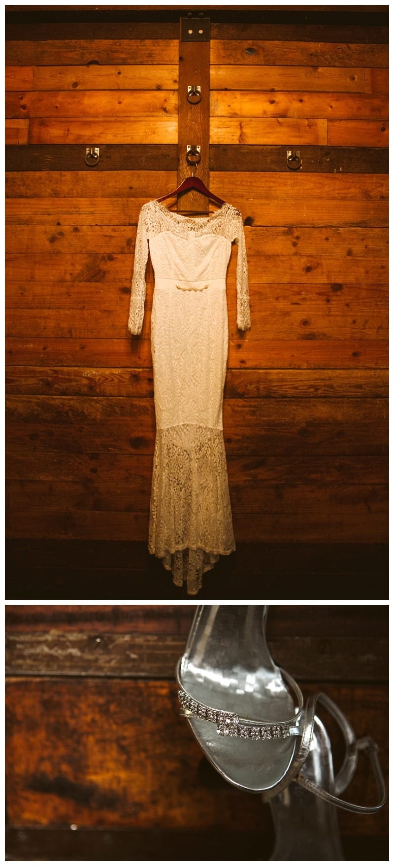 Premier snohomish & seattle wedding photographer | gsquared weddings photography a long sleeve lace wedding dress hangs on a wooden wall above a close up of a rhinestone detailed silver high heel both set against a rustic wooden backgroundcapturing the charm of a snohomish seattle wedding | serving snohomish seattle                   & beyond