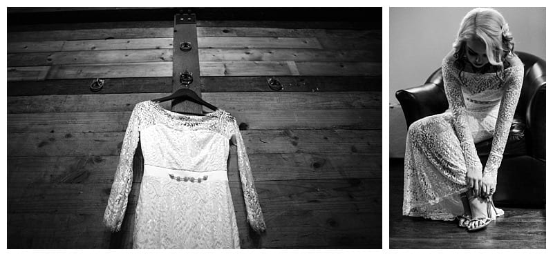 Premier snohomish & seattle wedding photographer | gsquared weddings photography black and white diptych on the left a lace wedding dress hangs on a wooden door On the right a snohomish bride in the same dress sits on a chair looking down as she adjusts her shoe | serving snohomish seattle                   & beyond
