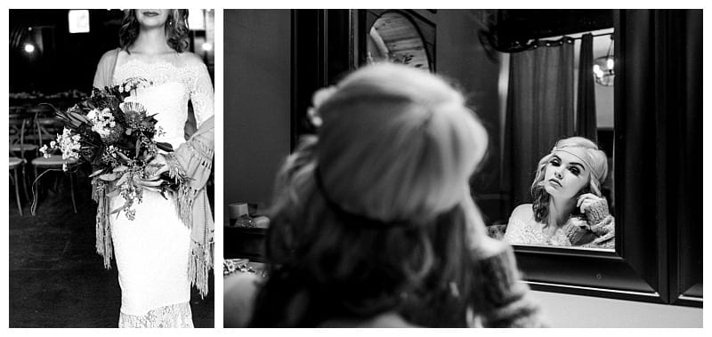 Premier snohomish & seattle wedding photographer | gsquared weddings photography two black and white photos left a snohomish bride in a lace dress holds a bouquet her face partially out of frame Right she gazes thoughtfully at her reflection in the mirror while applying makeup before her seattle wedding | serving snohomish seattle                   & beyond