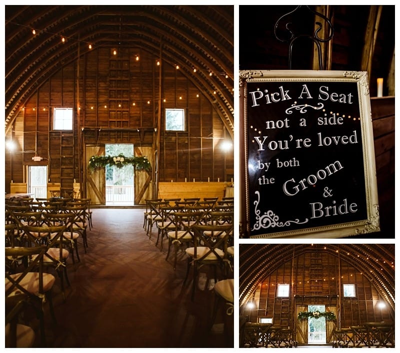 Premier snohomish & seattle wedding photographer | gsquared weddings photography a rustic snohomish barn wedding venue with wooden chairs arranged in rows string lights above and a sign reading pick a seat not a side Youre loved by both the groom & bride Greenery decorates the altar areaperfect for a seattle wedding engagement | serving snohomish seattle                   & beyond