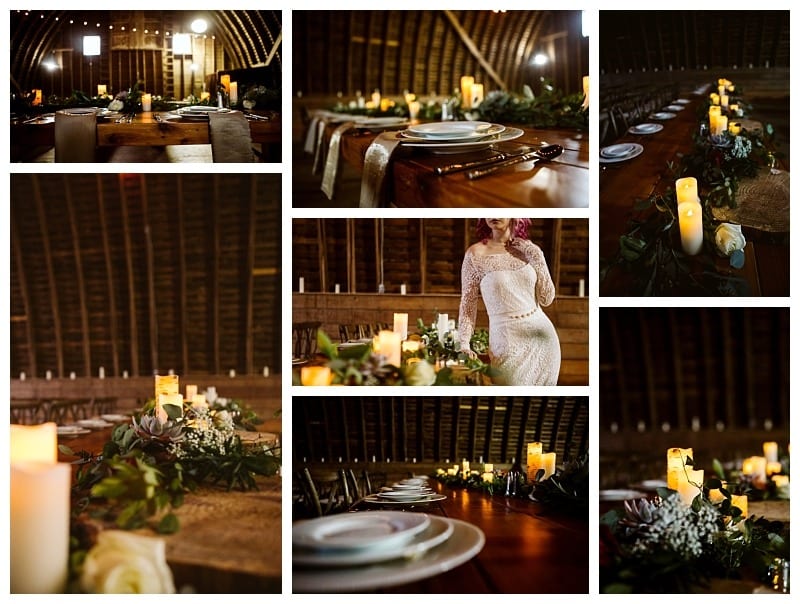 Premier snohomish & seattle wedding photographer | gsquared weddings photography a collage of elegant snohomish wedding table settings inside a rustic barn featuring candles greenery white plates and a bride in a lace dress beside the decorated table Warm romantic lighting throughout | serving snohomish seattle                   & beyond