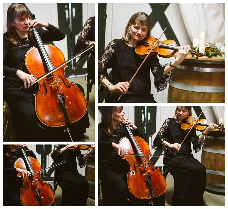 Premier snohomish & seattle wedding photographer | gsquared weddings photography a collage of two women in black dresses playing string instrumentsone on cello and one on violinindoors near wooden barrels with candles and flowers in the background at a romantic snohomish seattle wedding engagement | serving snohomish seattle                   & beyond