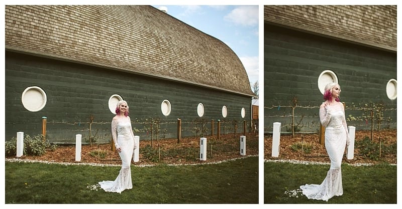 Premier snohomish & seattle wedding photographer | gsquared weddings photography a bride with pink hair in a white lace wedding dress stands on grass before a large green barn with round white windows under a partly cloudy sky Two side by side photos capture her pose at this charming snohomish seattle wedding venue | serving snohomish seattle                   & beyond