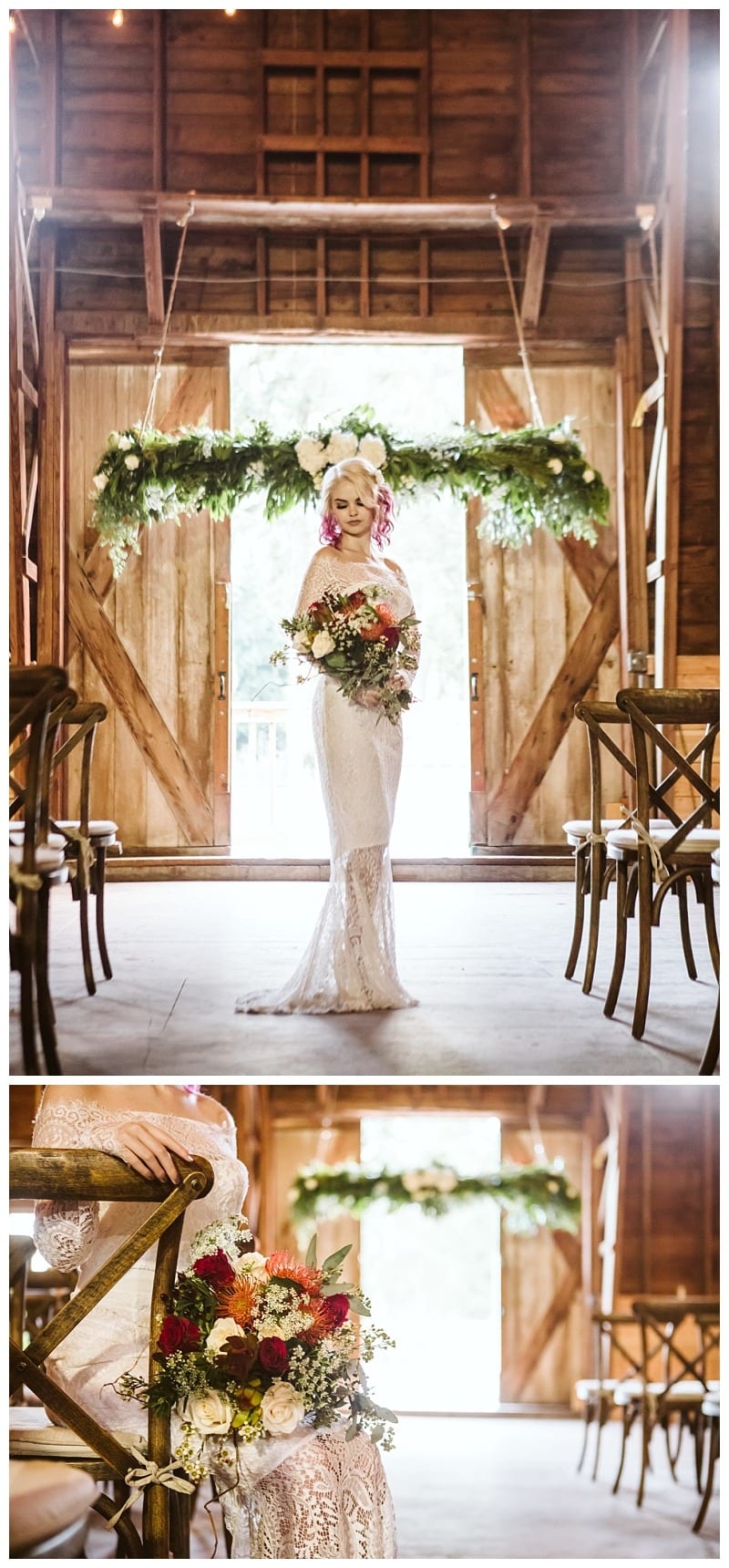 Premier snohomish & seattle wedding photographer | gsquared weddings photography a bride in a lace wedding dress and veil stands in a rustic snohomish venue near seattle holding a colorful bouquet Wooden chairs line the aisle and greenery decorates the large double doors behind her Perfect for a romantic wedding or engagement | serving snohomish seattle                   & beyond