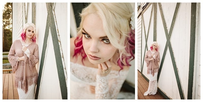 Premier snohomish & seattle wedding photographer | gsquared weddings photography a woman with platinum blonde hair and pink tips stands by a white wooden wall with green trim wearing a long lace dress and mauve fringed shawlperfect inspiration for a snohomish seattle wedding or engagement One photo is a close up of her dramatic eye makeup | serving snohomish seattle                   & beyond