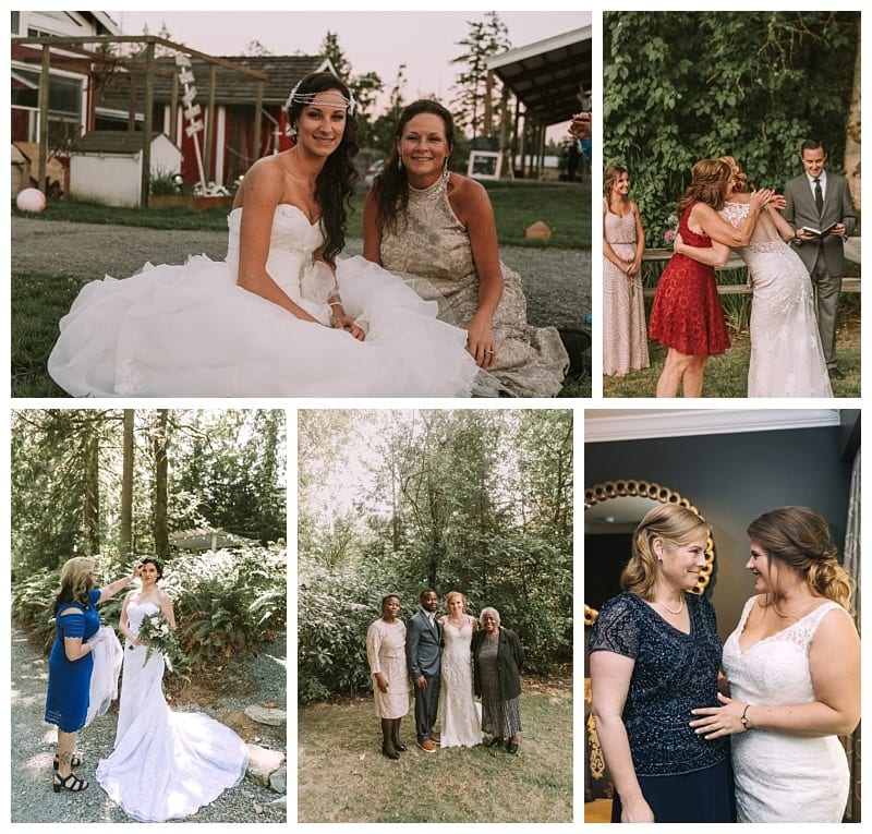 A collage of wedding photos in snohomish featuring a bride in a white gown with family and friends posing outdoors and indoors sharing hugs smiles and special moments together Snohomish wedding photography Mothers day moms at weddings tribute to grandmas and mother in laws on wedding days getting ready dances and more