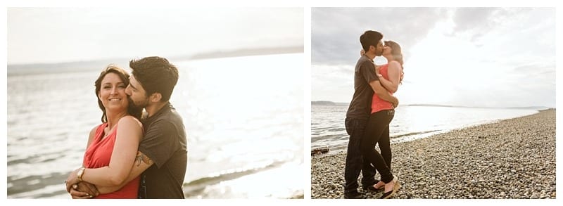 Premier snohomish & seattle wedding photographer | gsquared weddings photography two photos of a couple at a rocky beach on the left they embrace and smile by the water on the right they share a kiss with sunlight sparkling behind theman intimate snohomish seattle wedding engagement moment | serving snohomish seattle                   & beyond