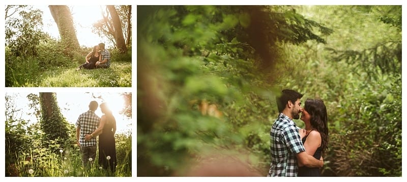 Premier snohomish & seattle wedding photographer | gsquared weddings photography a couple wearing plaid and a black dress embrace and smile at each other in a sunlit green forest during their snohomish engagement Two smaller images show them sitting and standing together under trees surrounded by grass and dandelions | serving snohomish seattle                   & beyond
