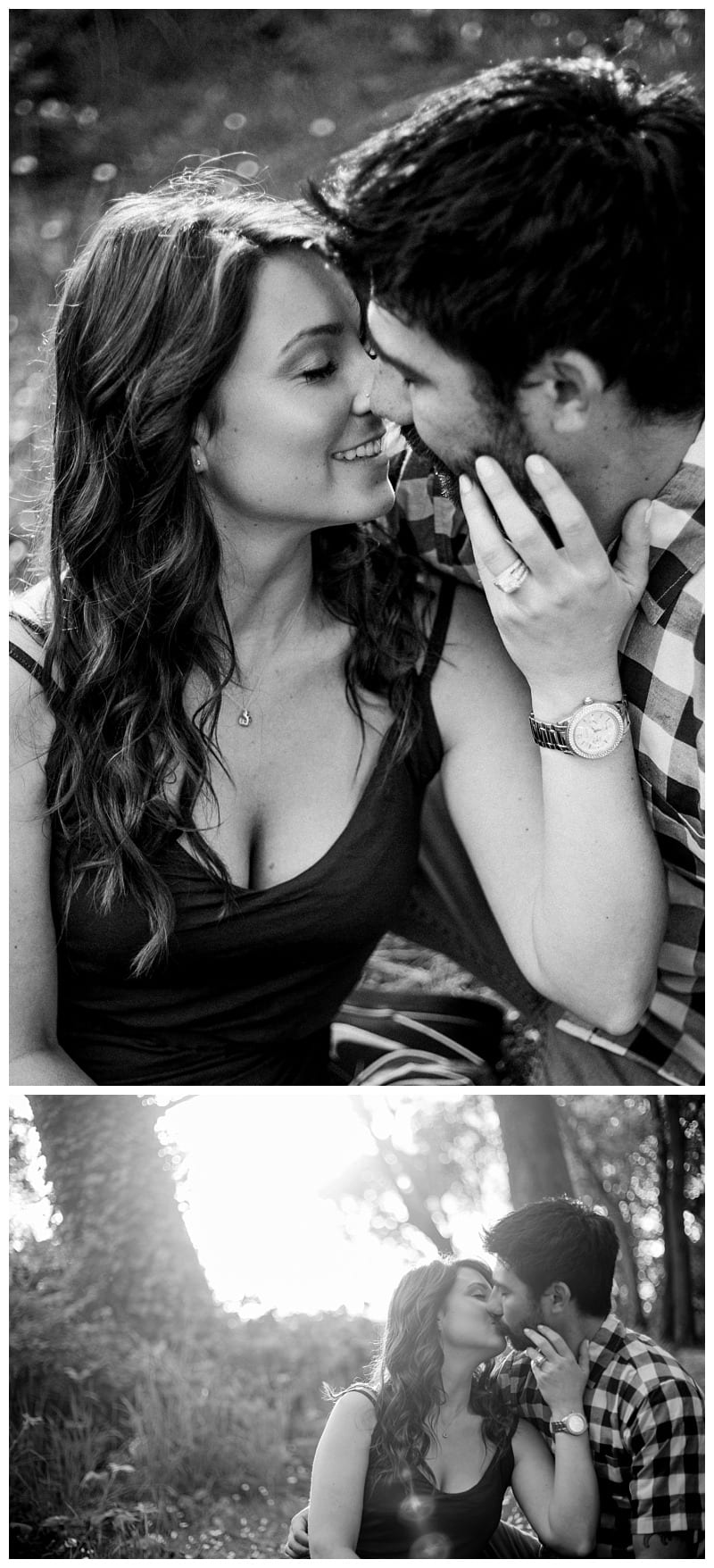 Premier snohomish & seattle wedding photographer | gsquared weddings photography two romantic black and white photos in the first a couple sits close gazing into each others eyes In the second they share a gentle kiss outdoors in snohomish sunlight filtering through treescapturing a timeless seattle engagement moment | serving snohomish seattle                   & beyond