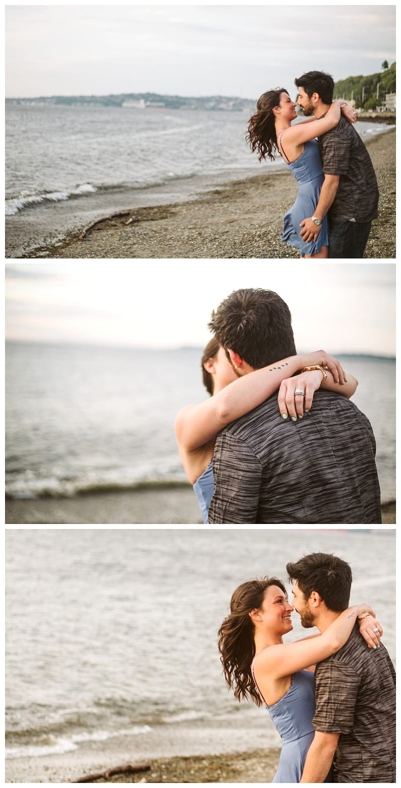 Alki beach engagement session seattle beach at sunset couple orange sunset wind blown hair