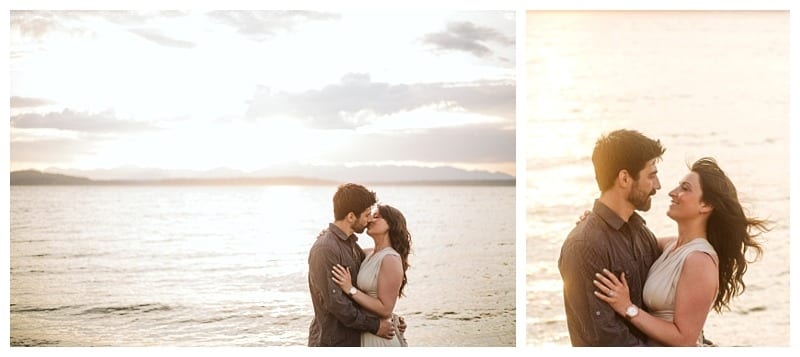 Premier snohomish & seattle wedding photographer | gsquared weddings photography a couple stands on a beach at sunset embracing and gazing into each others eyesa perfect scene for a snohomish seattle wedding engagement The sky is bright with clouds water glows behind them and they hold each other close smiling softly | serving snohomish seattle                   & beyond