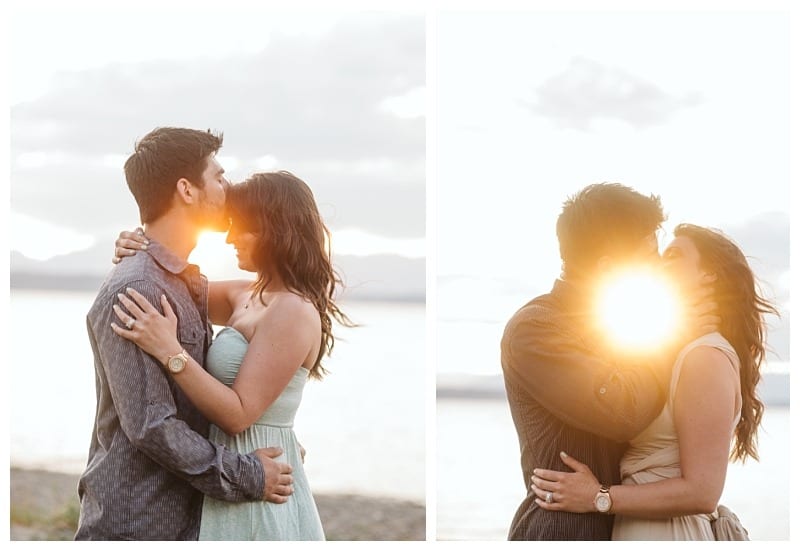 Premier snohomish & seattle wedding photographer | gsquared weddings photography two couples stand outdoors at sunset embracing and kissing sunlight shines brightly between their faces creating a romantic and glowing atmosphere perfect for a snohomish or seattle wedding engagement | serving snohomish seattle                   & beyond
