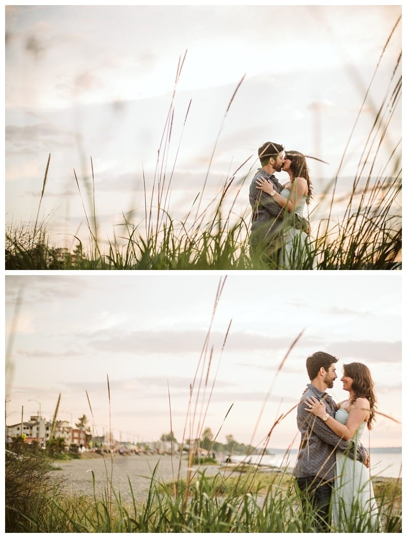 Alki beach engagement session seattle beach at sunset couple orange sunset tall grass