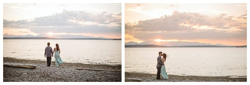 Premier snohomish & seattle wedding photographer | gsquared weddings photography two side by side photos of a couple at a sandy beach during sunset in the left image they walk hand in hand toward the water and in the right they embrace and kiss under a colorful skyperfect for a snohomish or seattle wedding engagement session | serving snohomish seattle                   & beyond