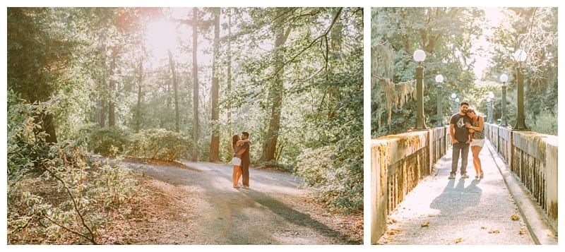 Premier snohomish & seattle wedding photographer | gsquared weddings photography two people embrace on a sunlit forest path in the left image in the right the same couple stands together on a bridge surrounded by trees and glowing street lampscapturing the magic of their snohomish seattle wedding engagement | serving snohomish seattle                   & beyond