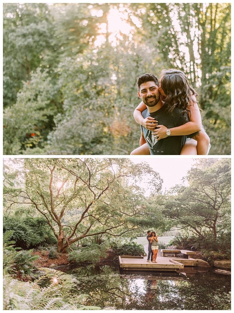 Premier snohomish & seattle wedding photographer | gsquared weddings photography a couple smiles as the woman gives the man a piggyback ride in a sunlit green forest during their snohomish seattle wedding engagement below they stand embracing on a wooden dock by a calm tree lined pond | serving snohomish seattle                   & beyond