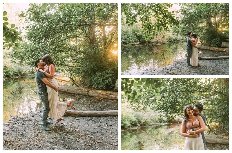 Premier snohomish & seattle wedding photographer | gsquared weddings photography a couple embraces and smiles together beside a serene woodland pond at sunset surrounded by lush green treesa dreamy snohomish seattle engagement In one photo the man lifts the woman in another they kiss and in a third they hug and smile at the camera | serving snohomish seattle                   & beyond
