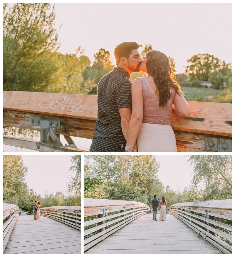 Premier snohomish & seattle wedding photographer | gsquared weddings photography a couple stands on a wooden bridge at sunset during their snohomish engagement In the top image they share an intimate moment in the others they walk hand in hand and stand together surrounded by lush seattle greenery | serving snohomish seattle                   & beyond