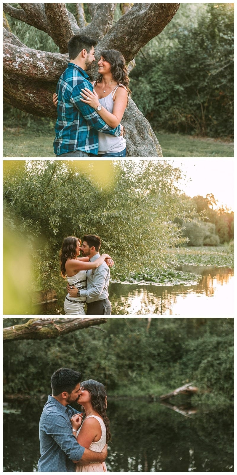Premier snohomish & seattle wedding photographer | gsquared weddings photography three photos show a couple outdoors during their snohomish seattle wedding engagement embracing and smiling near a tree hugging beside a pond at sunset and sharing a kiss near water surrounded by lush greenery | serving snohomish seattle                   & beyond