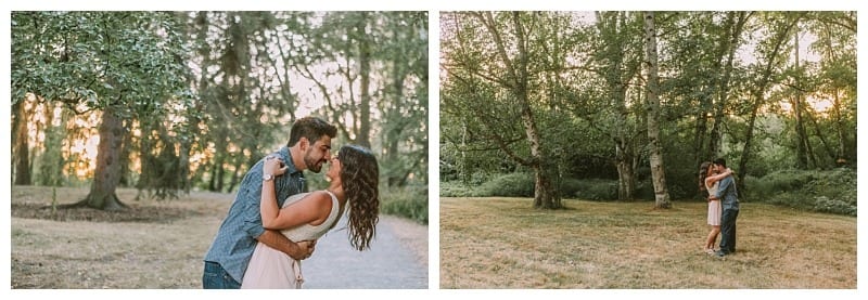 Premier snohomish & seattle wedding photographer | gsquared weddings photography a couple embraces and kisses in a sunlit wooded park In this snohomish seattle engagement they smile closely in the first photo in the second they stand together surrounded by green trees and grass | serving snohomish seattle                   & beyond