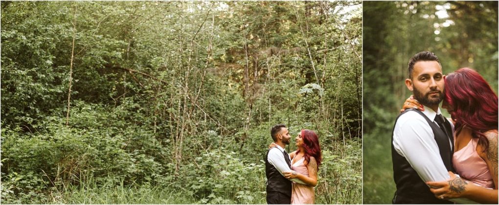 Premier snohomish & seattle wedding photographer | gsquared weddings photography a couple stands embracing in a lush green snohomish forest The man wears a white shirt and black vest the woman has long red hair and a pink dress One photo shows them close up the other captures their seattle engagement in the woods | serving snohomish seattle                   & beyond