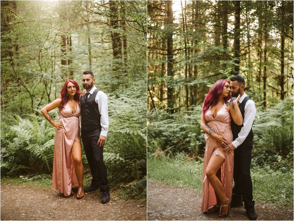 Premier snohomish & seattle wedding photographer | gsquared weddings photography a couple poses together in a lush green snohomish forest The woman wears a pink dress with a high slit and the man wears a white shirt black vest and trousers as sunlight filters through the trees behind thema perfect seattle engagement moment | serving snohomish seattle                   & beyond