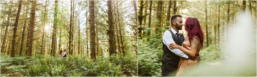 Premier snohomish & seattle wedding photographer | gsquared weddings photography a couple embraces in a sunlit snohomish forest On the left they stand amidst tall trees and ferns on the right their close intimate moment captures true seattle wedding engagement magicshe in a light dress he in a vest and tie | serving snohomish seattle                   & beyond