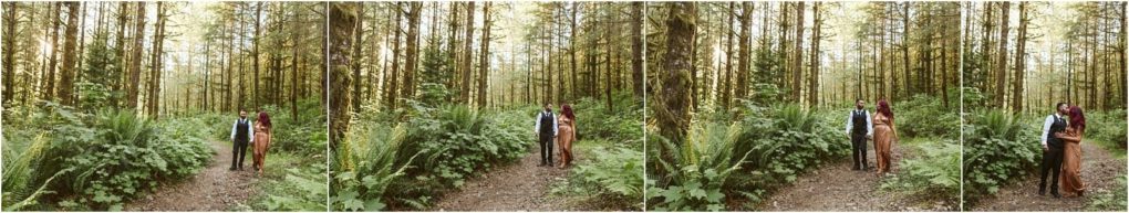 Premier snohomish & seattle wedding photographer | gsquared weddings photography four panel sequence of two people standing on a lush forest path near snohomish surrounded by tall trees They walk toward each other embrace and share a kiss in the final panelperfect for a seattle wedding engagement | serving snohomish seattle                   & beyond