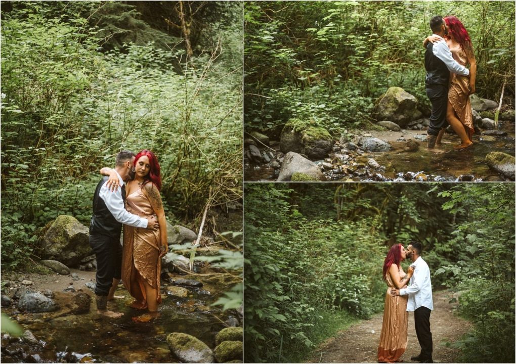 Premier snohomish & seattle wedding photographer | gsquared weddings photography a couple stands together in a lush green snohomish forest beside a stream The woman wears a gold dress and has red hair the man wears a white shirt and black vest They embrace barefoot in the water and on a forest path during their engagement | serving snohomish seattle                   & beyond