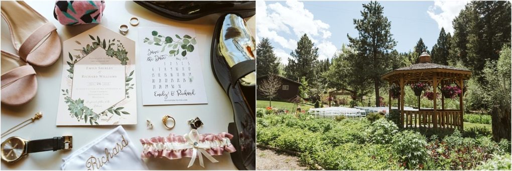 Premier snohomish & seattle wedding photographer | gsquared weddings photography left flat lay of pink shoes wedding rings invitation garter and accessories Right outdoor snohomish seattle wedding scene with a wooden gazebo hanging flowers greenery and trees under a partly cloudy sky | serving snohomish seattle                   & beyond